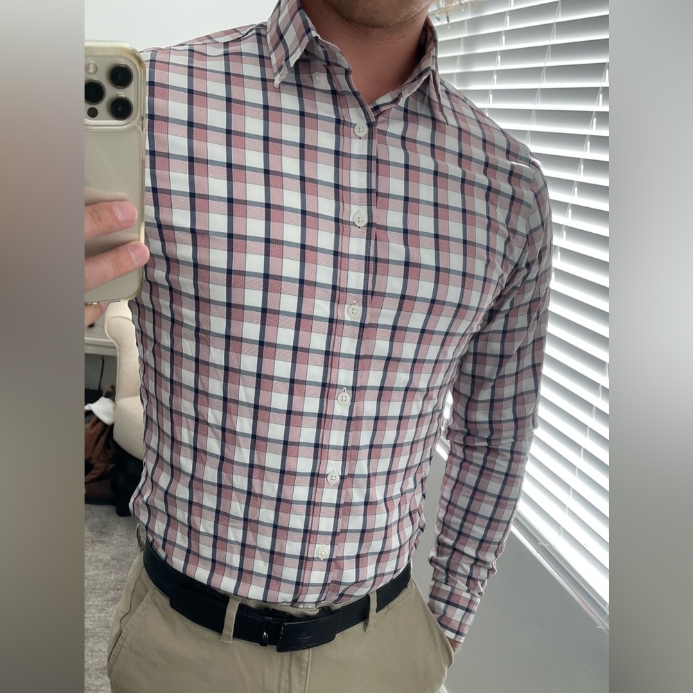 Pink/white/navy blue Express Fitted Dress shirt